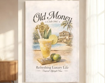 Old Money Club 1987 Tropical Cocktail Vintage Canvas Print, Luxury Coastal Bar Wall Art, Old Money Aesthetic Decor, Tropical Lifestyle Gift
