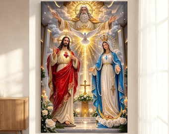 Holy Trinity with Jesus, Mary and Holy Spirit Dove Canvas, Sacred Catholic Wall Art, Majestic Divine Home Decor, Traditional Statement Piece