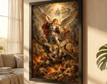 Saint Michael the Archangel Defeating Satan Canvas Print, Traditional Catholic Spiritual Warfare Wall Art, Majestic Archangel Home Decor