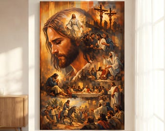 Life of Jesus Collage Canvas Print, Biblical Story Christian Wall Art, Warm Orange Home Decor, Inspirational Biblical Statement Piece