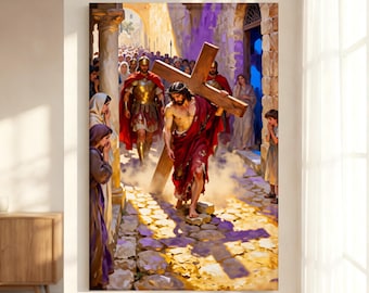 Jesus Carrying Cross Canvas Print, Passion of Christ Biblical Wall Art, Traditional Christian Home Decor, Reverent Religious Statement Piece