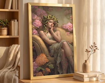 Elegant Medusa with Flowers Canvas Print, Modern Greek Mythology Wall Art, Soft Floral Feminine Decor, Aesthetic Statement Piece