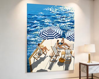 Blue & White Striped Umbrella Poolside Canvas Print, Coastal Summer Wall Art, Bright Minimalist Home Decor, Chic Resort Statement Piece