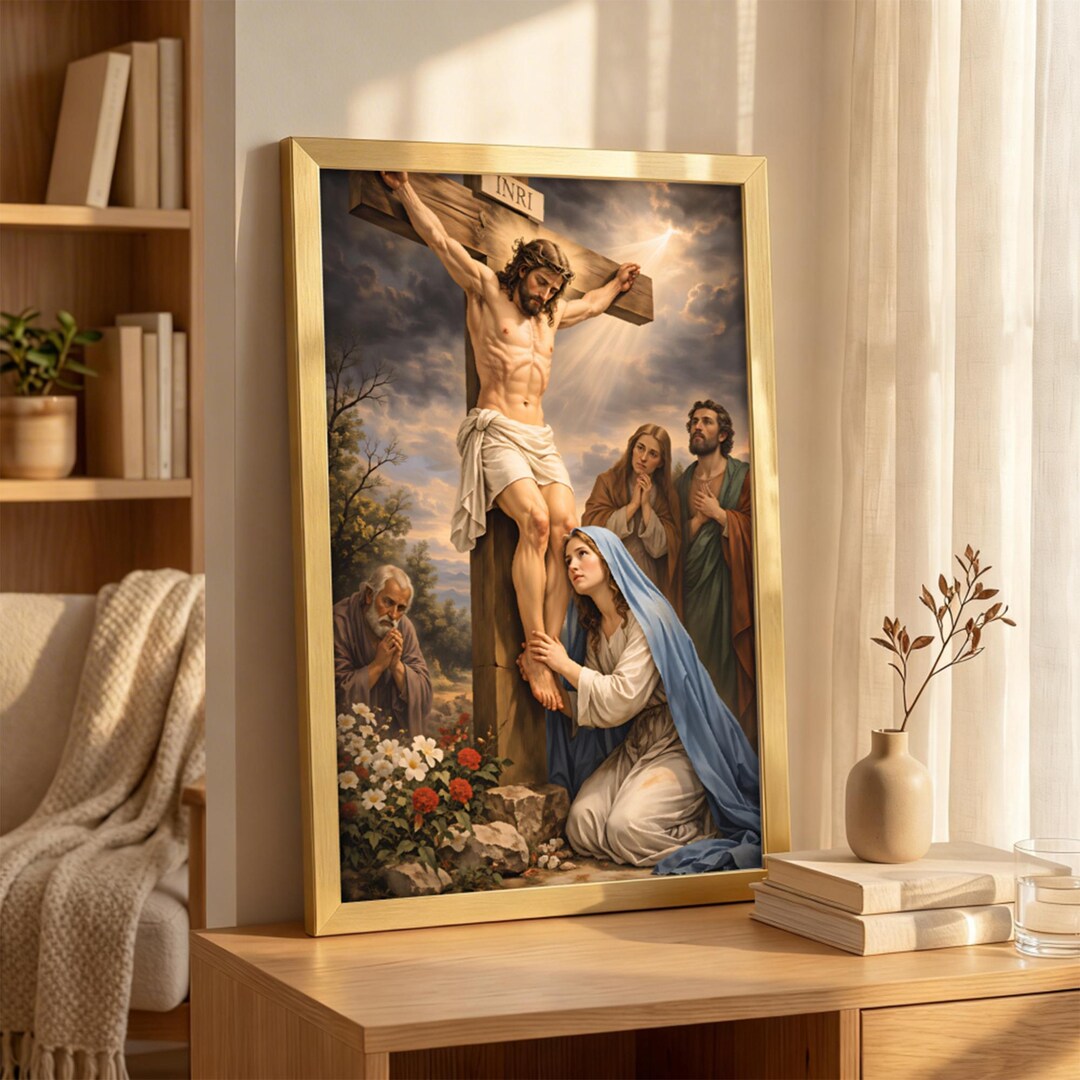 Jesus Crucifixion With Mary at Cross Canvas, Sacred Biblical Wall Art ...