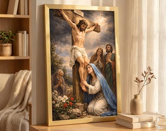 Jesus Crucifixion with Mary at Cross Canvas, Sacred Biblical Wall Art, Traditional Catholic Home Decor, Passion of Christ Statement Piece