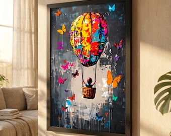 Colorful Graffiti Hot Air Balloon Kid Canvas, Vibrant Butterfly Street Art, Bold Splash Paint Artwork, Nursery And Living Room Wall Decor