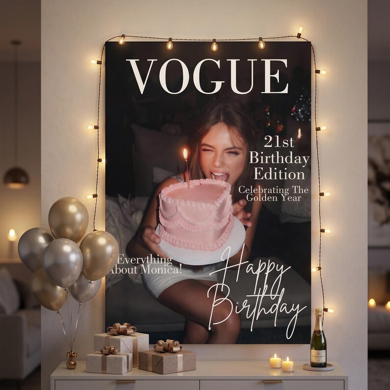 Puede incluir: Una impresi&oacute;n de portada de la revista Vogue con una mujer sosteniendo un pastel rosa en forma de coraz&oacute;n con una vela encendida. El texto dice "21st Birthday Edition" y "Happy Birthday". La impresi&oacute;n est&aacute; decorada con luces de cadena y globos.