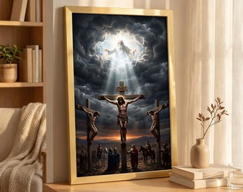 Jesus Crucifixion Calvary Canvas, God the Father Divine Light Biblical Art, Dramatic Christian Home Decor, Sacred Religious Statement Piece