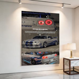 May include: A large poster featuring three images of a silver Nissan Skyline R34. The car has blue racing stripes and the text "NISSAN SKYLINE R34" is visible. The poster is displayed on a white wall.