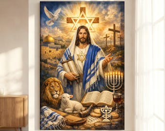 Messianic Jesus with Jewish Symbols Canvas, Hebrew Roots Christian Wall Art, Messianic Jewish Home Decor, Sacred Biblical Statement Piece