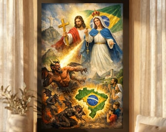 Our Lady Aparecida and Jesus Defending Brazil Canvas Print, Brazilian Catholic Wall Art, Patriotic Religious Home Decor, Our Lady Aparecida
