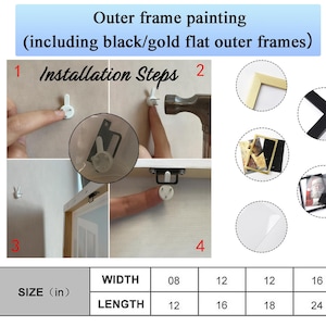 Puede incluir: Imagen que muestra los pasos de instalaci&oacute;n de una pintura con marco exterior, incluyendo marcos exteriores planos negros y dorados. La imagen incluye una tabla de tallas con medidas de ancho y largo en pulgadas.