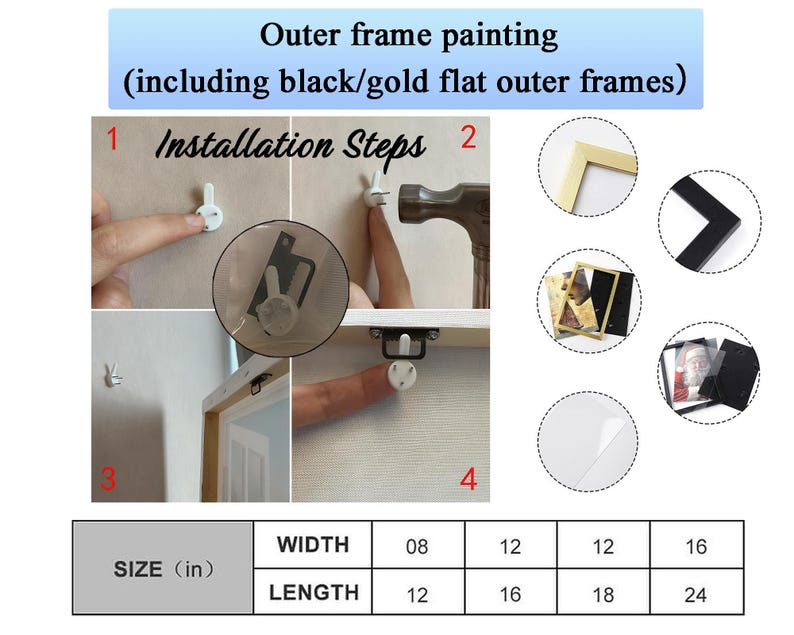 Puede incluir: Imagen que muestra los pasos de instalaci&oacute;n de una pintura con marco exterior, incluyendo marcos exteriores planos negros y dorados. La imagen incluye una tabla de tallas con medidas de ancho y largo en pulgadas.