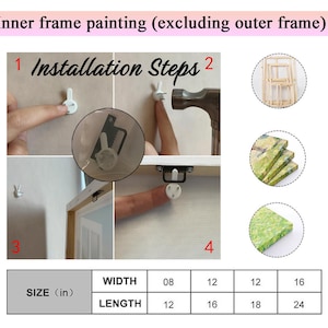 Puede incluir: Imagen que muestra los pasos de instalaci&oacute;n para una pintura de marco interior. Los pasos incluyen la fijaci&oacute;n de ganchos a la pared y al marco. Una tabla de tallas muestra las dimensiones en cm: ancho 20.3, 30.5, 30.5, 40.6 y largo 30.5, 40.6, 45.7, 61.