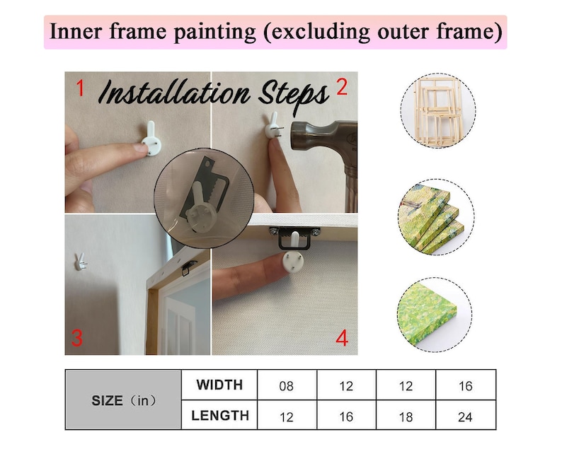 Puede incluir: Imagen que muestra los pasos de instalaci&oacute;n para una pintura de marco interior. Los pasos incluyen la fijaci&oacute;n de ganchos a la pared y al marco. Una tabla de tallas muestra las dimensiones en cm: ancho 20.3, 30.5, 30.5, 40.6 y largo 30.5, 40.6, 45.7, 61.