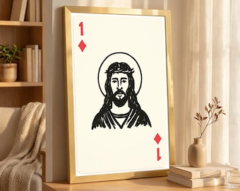 Jesus Ace of Diamonds Playing Card Canvas Print, Modern Christian Wall Art, Cool Statement Religious Decor,Minimalist Faith-Based Home Decor