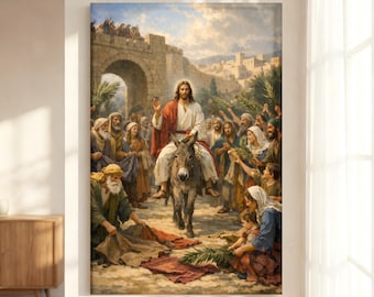 Jesus Triumphal Entry into Jerusalem Canvas, Palm Sunday Biblical Wall Art, Traditional Christian Home Decor,Majestic Sacred Statement Piece