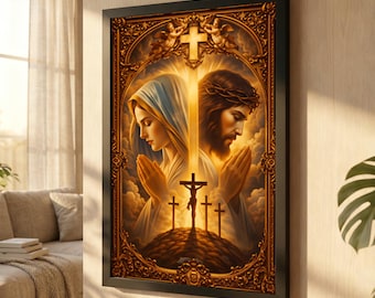 Jesus and Virgin Mary Golden Ornate Canvas, Sacred Christian Art, Traditional Catholic Home Decor,Majestic Baroque Religious Statement Piece