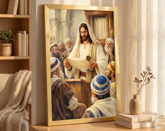 Jesus Reading Scroll in Synagogue Canvas, Biblical Religious Wall Art, Traditional Christian Home Decor, Reverent Biblical Statement Piece