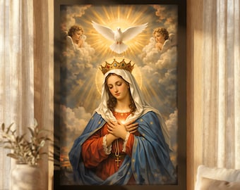 Our Lady of the Assumption with Holy Spirit Dove Canvas, Traditional Catholic Wall Art, Marian Religious Home Decor, Baroque Statement Piece