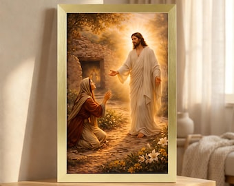 Jesus and Mary Magdalene at the Empty Tomb Canvas, Easter Resurrection Wall Art, Warm Christian Home Decor, Hopeful Biblical Statement Piece