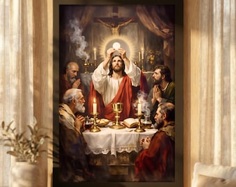 Jesus Eucharist Last Supper Canvas Print, Holy Communion Biblical Wall Art, Traditional Catholic Home Decor,Sacred Religious Statement Piece