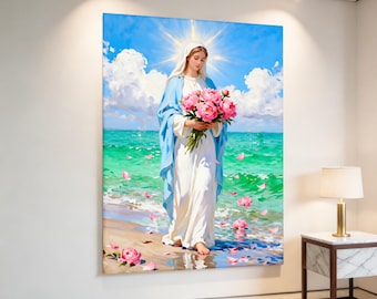 Our Lady of the Sea with Peonies Canvas, Bright Coastal Marian Wall Art, Beach Themed Catholic Home Decor, Floral Sacred Statement Piece
