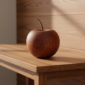以下が含まれることがあります： 木製のリンゴの装飾彫刻。濃い茶色のリンゴが木製のテーブルの上に置かれています。背景は木製の壁です。ユニークな家の装飾アイテムです。