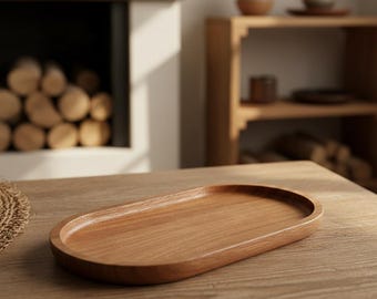 Bandeja japonesa de madera para servir: plato ovalado de madera maciza para postre y té