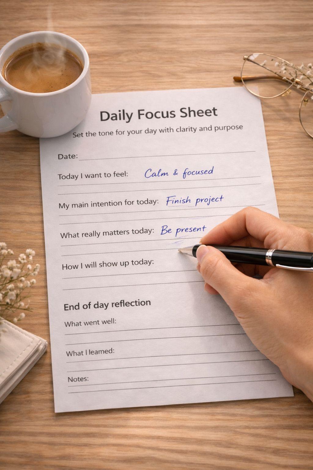 Mourning Routine Intentions Worksheet Daily Focus Sheet Printable – One Page Daily Planner PDF, Morning ...