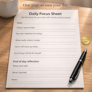 Daily Focus Sheet Printable – One Page Daily Planner PDF, Morning Routine & Intentions, Minimal Productivity Sheet