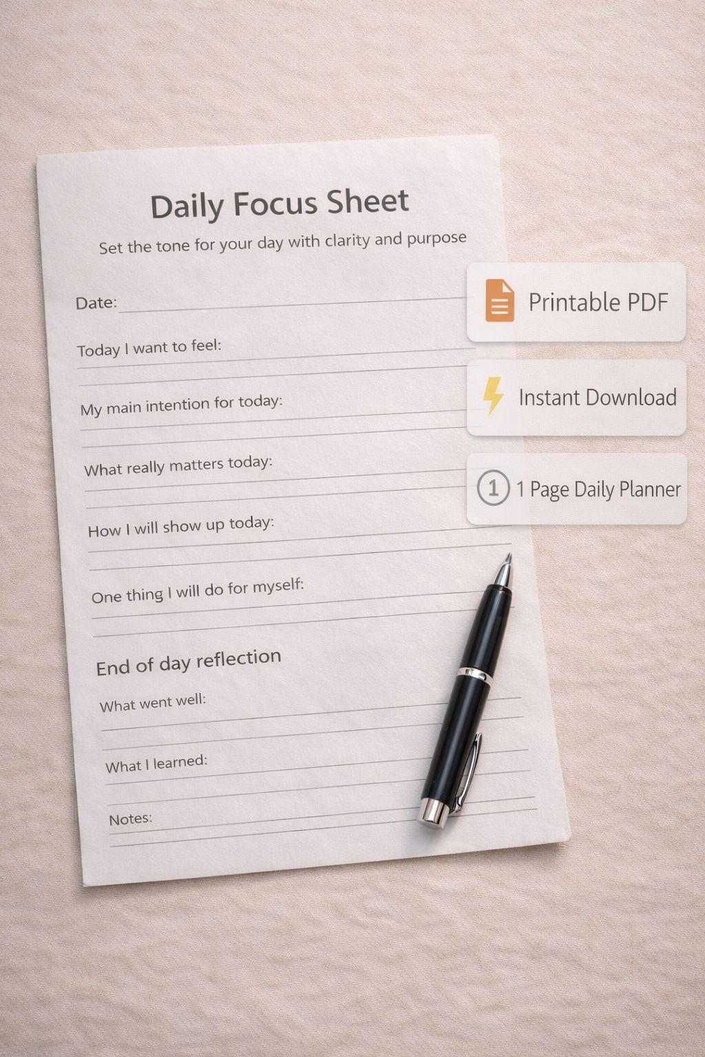 Mourning Routine Intentions Worksheet Daily Focus Sheet Printable – One Page Daily Planner PDF, Morning ...