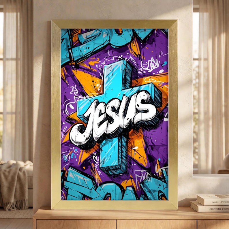 Graffiti Jesus Cross-canvas, levendige paarsblauwe christelijke ...