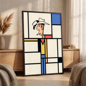 May include: Framed art print featuring a cartoon cowboy in a Mondrian-style composition. The artwork uses a palette of white, black, blue, yellow, and red. The cowboy wears a white hat and is set against a grid of rectangular shapes.