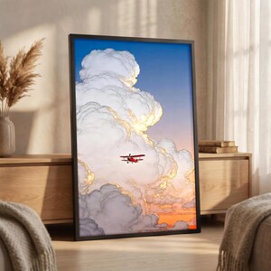 Vintage Red Biplane Sunset Clouds Canvas Print, Retro Aviation Wall Art, Dramatic Sky Landscape Decor, Bold Airplane Statement Piece