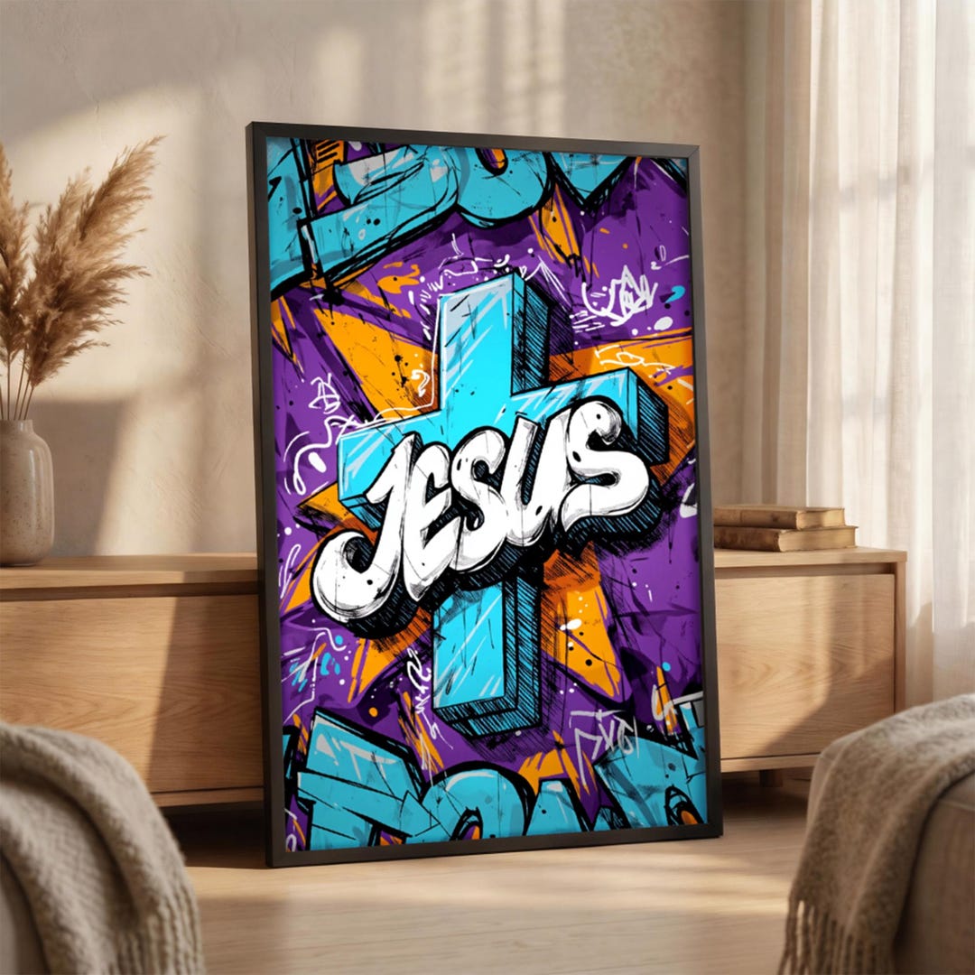 Graffiti Jesus Cross-canvas, levendige paarsblauwe christelijke ...