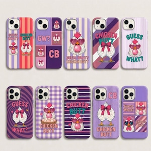 May include: A collection of ten phone cases with various designs. Each case features a cartoon chicken with sunglasses and a bubblegum bubble. The cases have different backgrounds, including stripes and checkered patterns, and text that says "Guess What?" and "Chicken Butt."