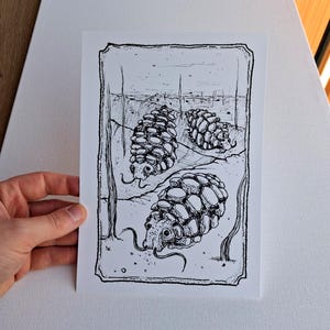 May include: A monochrome illustration featuring three fantastical creatures with segmented bodies and long, curling tendrils. The creatures are depicted in a sparse landscape with minimal detail. The artwork is enclosed within a decorative border.