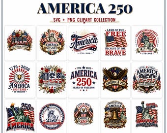 Amerikas 250-årsjubileum SVG PNG-paket, patriotisk 4 juli-clipart (digital nedladdning)