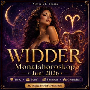 May include: A digital graphic featuring a person with long dark hair, a ram, and the text Viktoria L. Thorne, WIDDER, Monatshoroskop, Juni 2026, Liebe, Beruf, Finanzen, Gesundheit, and Digitaler PDF-Download in gold lettering on a dark purple background.