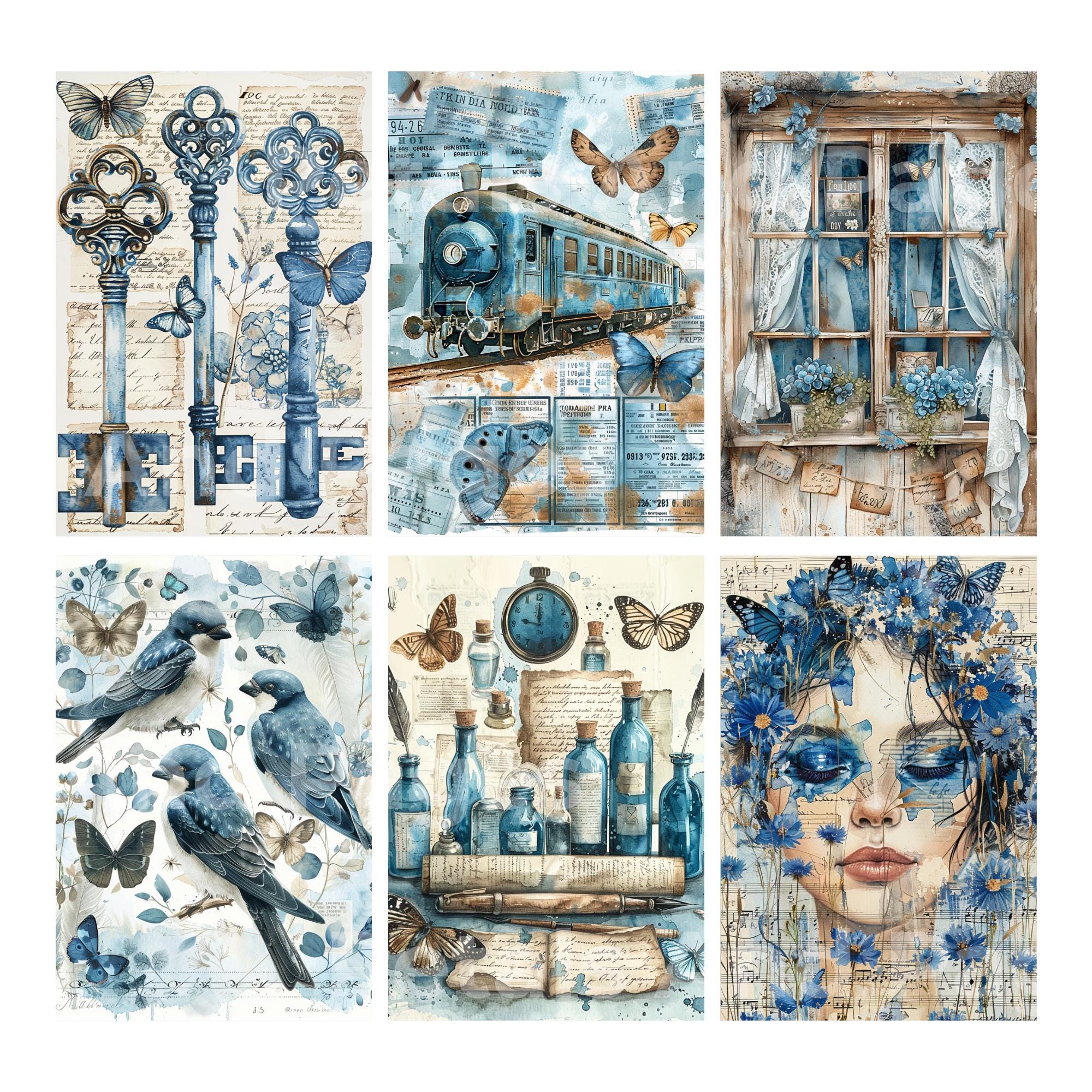 Antique Blue Ephemera Junk Journal Kit, French Vintage Printable Pages ...