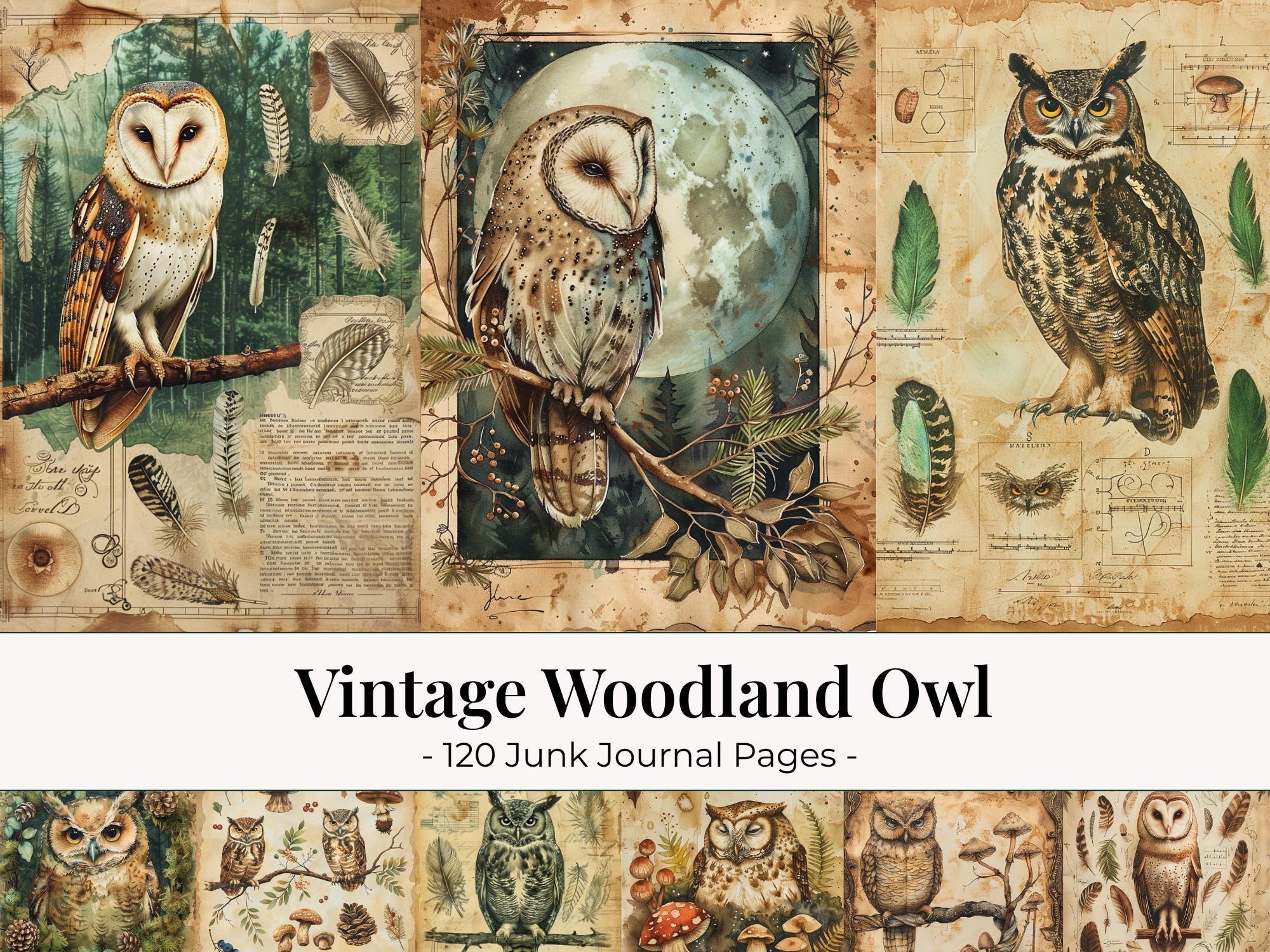 120 Vintage Woodland Owl Junk Journal Pages, Forest Animal Printable Ephemera Kit, Nature Scrapbook 