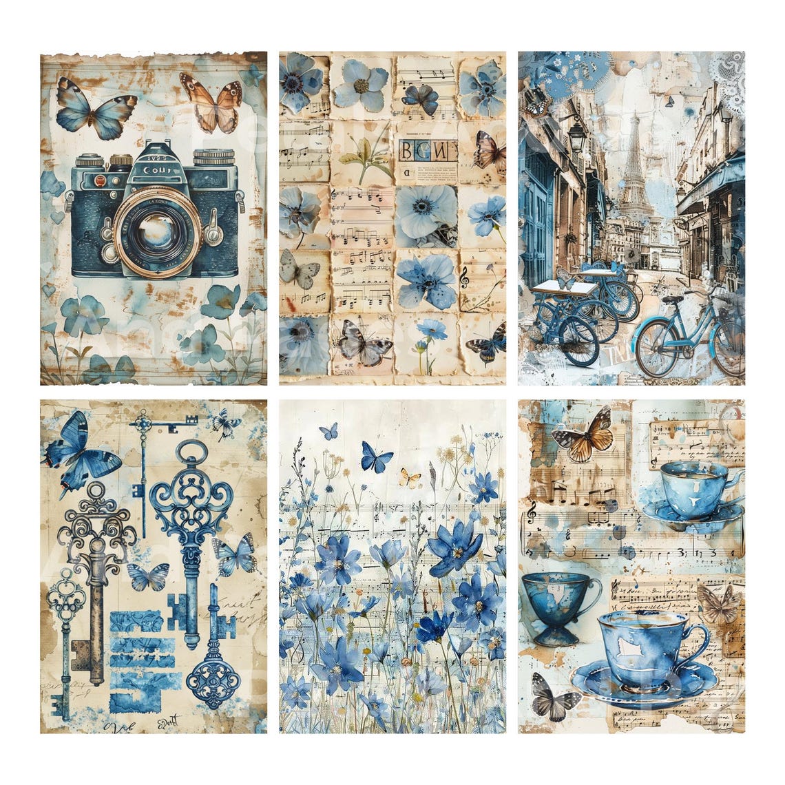 Antique Blue Ephemera Junk Journal Kit, French Vintage Printable Pages ...