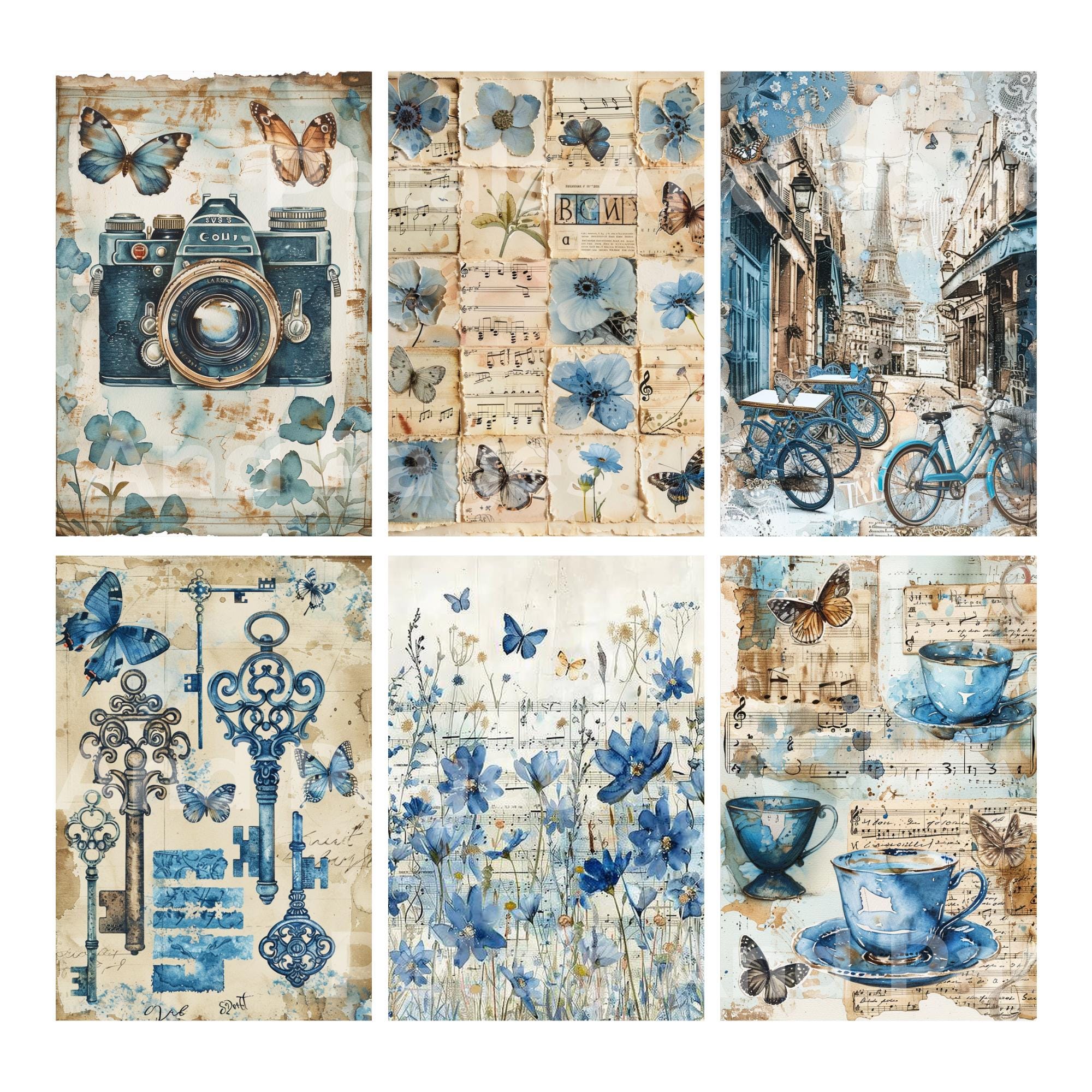 Antique Blue Ephemera Junk Journal Kit, French Vintage Printable Pages ...