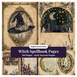 Witch Spellbook Junk Journal Kit, Magical Watercolor Grimoire Pages, Printable Ephemera, Scrapbook Papers, Digital Download