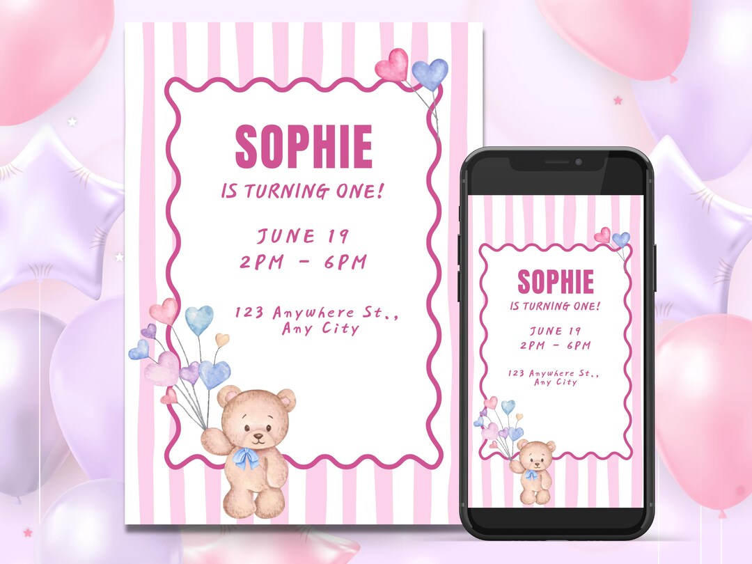 Teddy Bear Girl 1st Birthday Invitation Template, Editable Canva ...