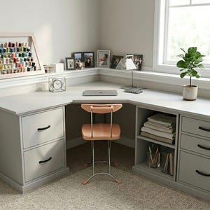 May include: A light gray corner desk with two drawers, a wooden chair, and a laptop. The desk has a built-in shelf with books and supplies. A framed display of colorful spools of thread sits on the desk.