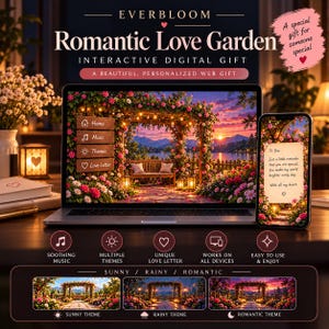 Op de afbeelding: Een laptop en smartphone tonen het interactieve digitale cadeau Everbloom Romantic Love Garden. De schermen tonen een tuinscène met een houten bank, bloemen en menu's. De tekst bevat 'A special gift for someone special' en 'To You, Just a little reminder that you are special'.