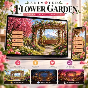 May include: A laptop and smartphone displaying an interactive digital gift titled Animated Flower Garden, featuring a garden scene with a wooden arbor, swing, and flowers. The screen shows buttons for Music, Themes, Surprise, and Love Letter.