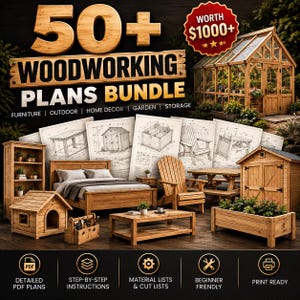 Puede incluir: Un paquete digital de 50+ planos de carpintería con ilustraciones de muebles, un invernadero, una cama, una estantería, una silla, una mesa, una caseta para perros y una jardinera. El texto dice 50+ WOODWORKING PLANS BUNDLE y WORTH $1000+.